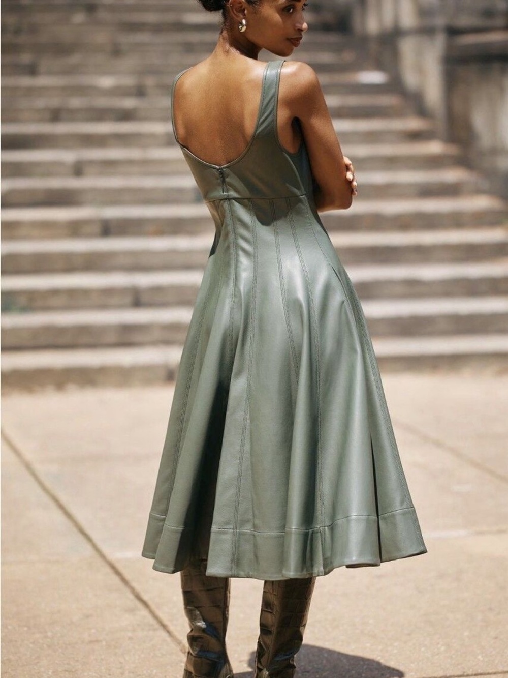 Anthropologie Green A-Line Faux Leather Sleeveless Midi Dress Size Large - Picture 3 of 13